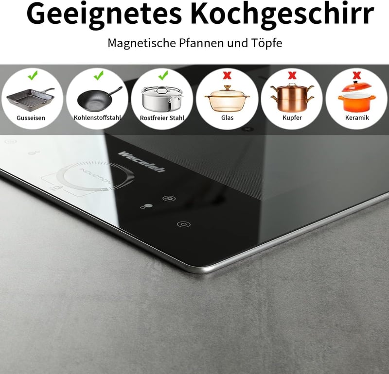 Weceleh 2 égős beépíthető indukciós főzőlap, érintésvezérlés, gyerekzár, 28cm, 3500W