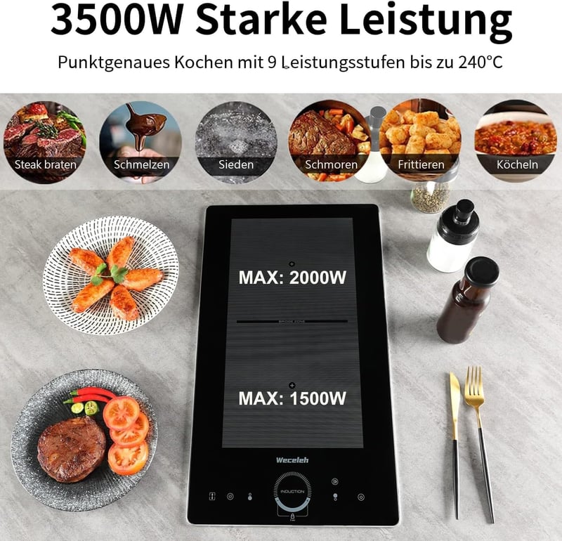 Weceleh 2 égős beépíthető indukciós főzőlap, érintésvezérlés, gyerekzár, 28cm, 3500W