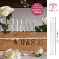 WeddingTree Súprava na svadobné bubliny biela - 24 ks s držiakom v tvare srdca - na svadbu, krstiny, narodeniny, zásnuby, Valentína, darček pre hostí 2