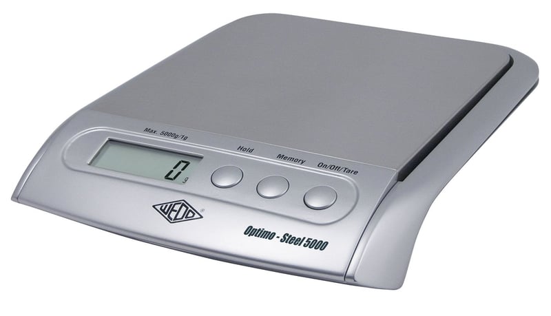 Elektronická univerzálna váha WEDO Optimo Steel 5000 s miskou z nehrdzavejúcej ocele, 5000 g/1 g, strieborná