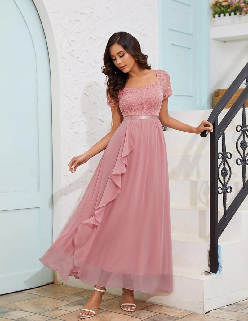 Wedtrend Elegáns Esküvői Ruha Hosszú Csipke A-vonalú Fodros Chiffon