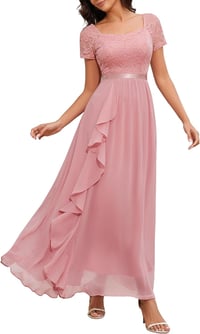 Wedtrend Elegáns Esküvői Ruha Hosszú Csipke A-vonalú Fodros Chiffon 1