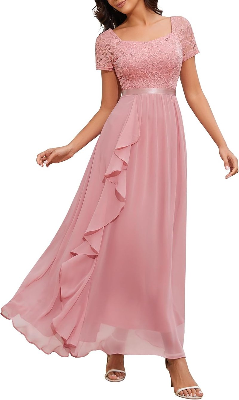 Wedtrend Elegáns Esküvői Ruha Hosszú Csipke A-vonalú Fodros Chiffon