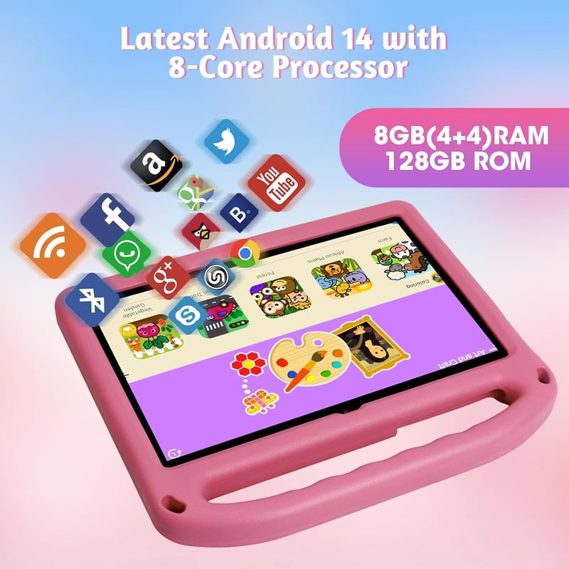 Weelikeit 10" Gyerektablet Android 14 Rendszerrel - 8GB RAM, 128GB Tárhely, 6000mAh Akkumulátor, Dupla Kamera, Rózsaarany Színben Kisgyermek
