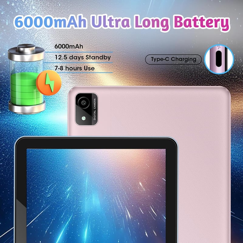 Weelikeit 10" Gyerektablet Android 14 Rendszerrel - 8GB RAM, 128GB Tárhely, 6000mAh Akkumulátor, Dupla Kamera, Rózsaarany Színben Kisgyermek