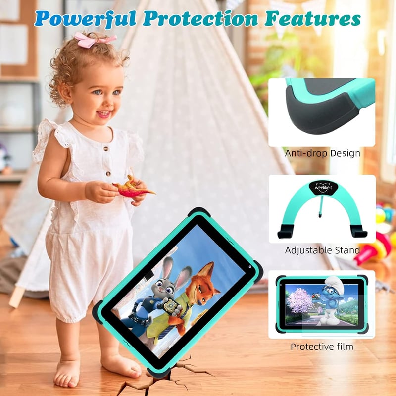 weelikeit 8 Colos Gyerek Tablet Android 2GB RAM 32GB Ütésálló Tok WiFi Zöld