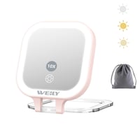 WEILY Kompaktno ogledalo s osvjetljenjem, 1X/10X povećanje, dvostrano putno ogledalo, 3 boje svjetla, prijenosno ogledalo za šminkanje punjivo putem USB-a, ružičasto 1