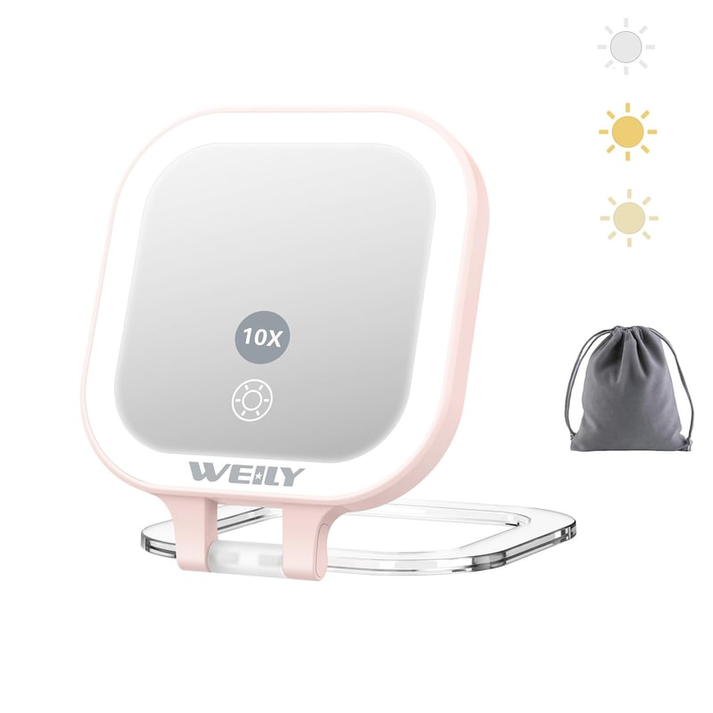 WEILY Kompaktno ogledalo s osvjetljenjem, 1X/10X povećanje, dvostrano putno ogledalo, 3 boje svjetla, prijenosno ogledalo za šminkanje punjivo putem USB-a, ružičasto
