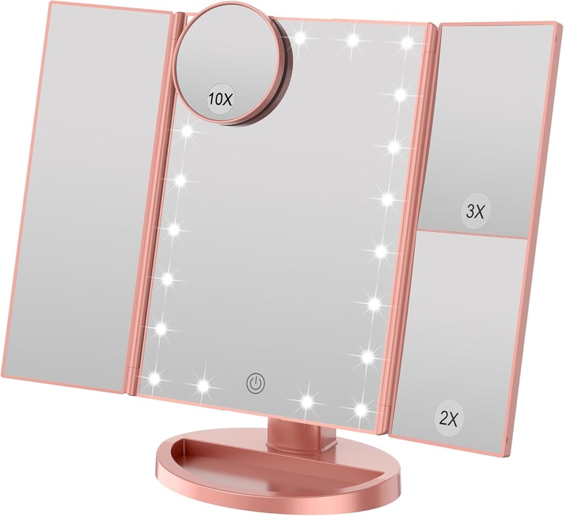 WEILY Trifold Sminkespegel LED Világítással 1X/2X/3X Nagyítás Érintőképernyő Rózsaarany - Pink Gold