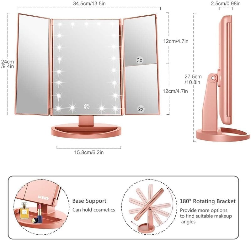 WEILY Trifold Sminkespegel LED Világítással 1X/2X/3X Nagyítás Érintőképernyő Rózsaarany - Pink Gold