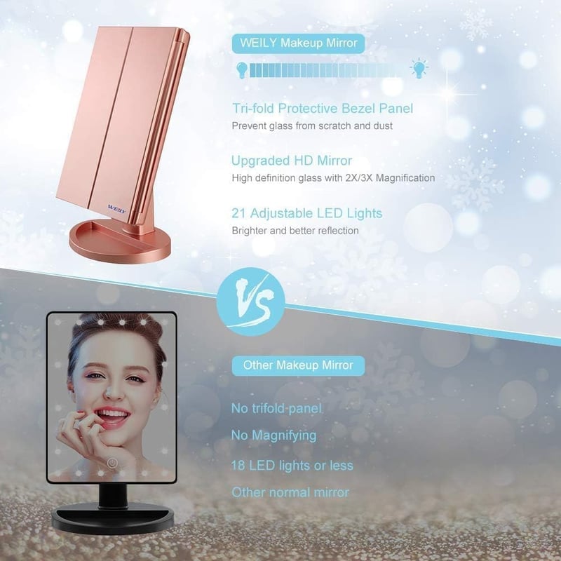 WEILY Trifold Sminkespegel LED Világítással 1X/2X/3X Nagyítás Érintőképernyő Rózsaarany - Pink Gold