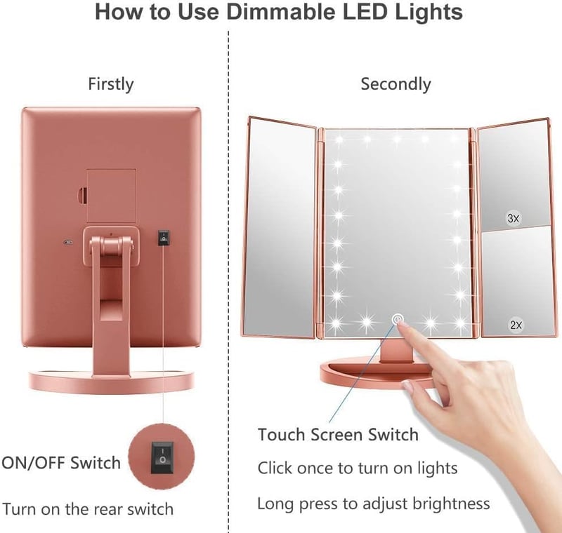 WEILY Trifold Sminkespegel LED Világítással 1X/2X/3X Nagyítás Érintőképernyő Rózsaarany - Pink Gold