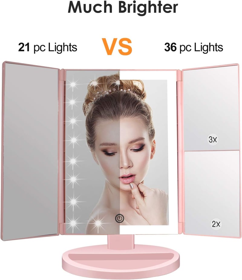 WEILY Világító Sminkespegel 3 Fokozatú Nagyítás 36 LED USB Töltés Érintőképernyő - Pink (Pink-1)