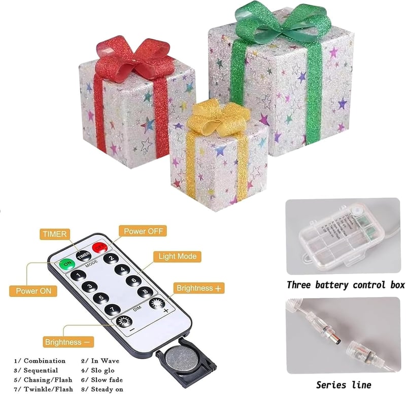 Weiongppy 3 LED-es Dekoratív Ajándékdoboz Csillag Mintával, Távirányítóval és Időzítővel
