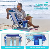 #WEJOY 4 pozíciós állítható dönthető alacsony strandfotel felnőtteknek, összecsukható könnyű kempingszék zsebes párnás háttámla, kék mintás 7