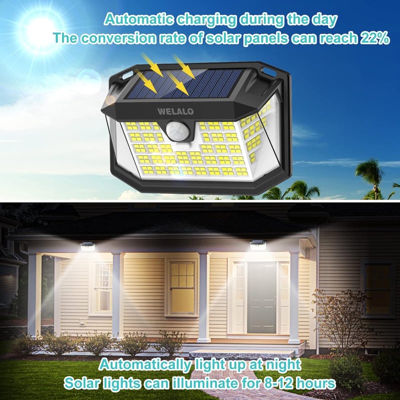WELALO 188 LED napelemes mozgásérzékelős lámpa IP65 vízálló kültéri 3 módú 2 db meleg fehér