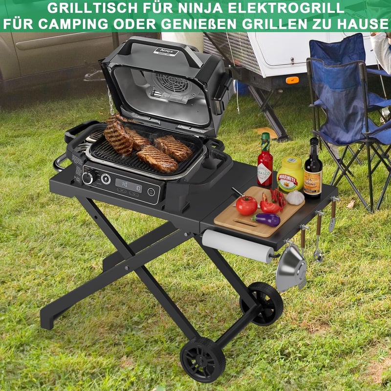 WELL GRILL Összecsukható Grill Állvány Ninja Woodfire OG700 Sorozathoz, BBQ Grillasztal Oldalsó Asztallal