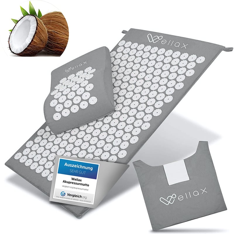 Saltea de acupresură Wellax cu pernă - Umplutură 100% fibră de cocos - Covoraș de masaj pentru relaxarea mușchilor - Pernă de acupresură pentru îmbunătățirea circulației sanguine