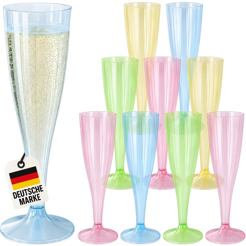Set 30 Pahare de Șampanie Colorate din Plastic Reutilizabile WELLGRO – 150 ml, pentru Petreceri, Nunți, Zile de Naștere, Petreceri de Burlăcițe