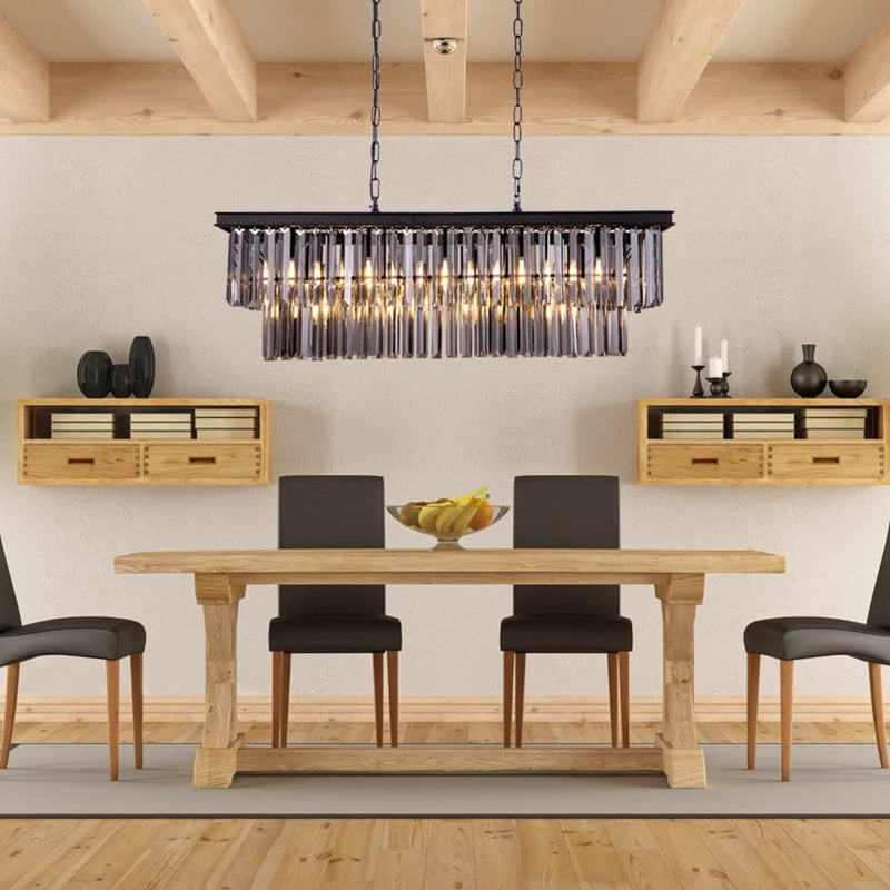 Wellmet Modern Kristály Csillár - 9 Izzós Füstszürke Üveg Függőlámpa, 89 cm Téglalap Alakú Mennyezeti Lámpa Nappaliba, Étkezőbe