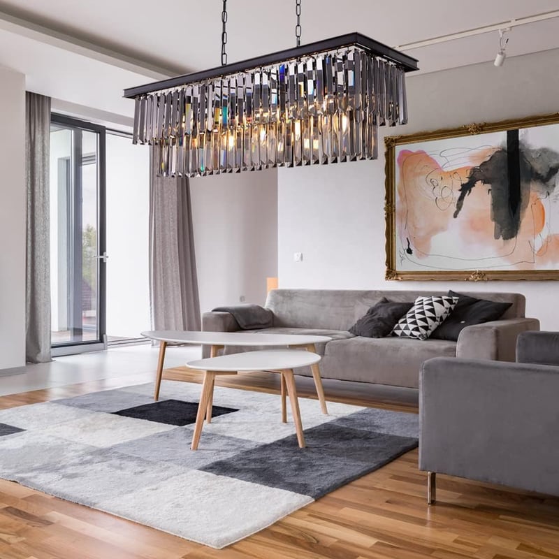 Wellmet Modern Kristály Csillár - 9 Izzós Füstszürke Üveg Függőlámpa, 89 cm Téglalap Alakú Mennyezeti Lámpa Nappaliba, Étkezőbe