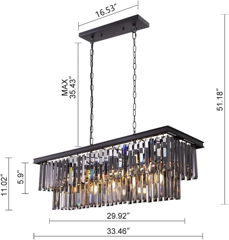 Wellmet Modern Kristály Csillár - 9 Izzós Füstszürke Üveg Függőlámpa, 89 cm Téglalap Alakú Mennyezeti Lámpa Nappaliba, Étkezőbe