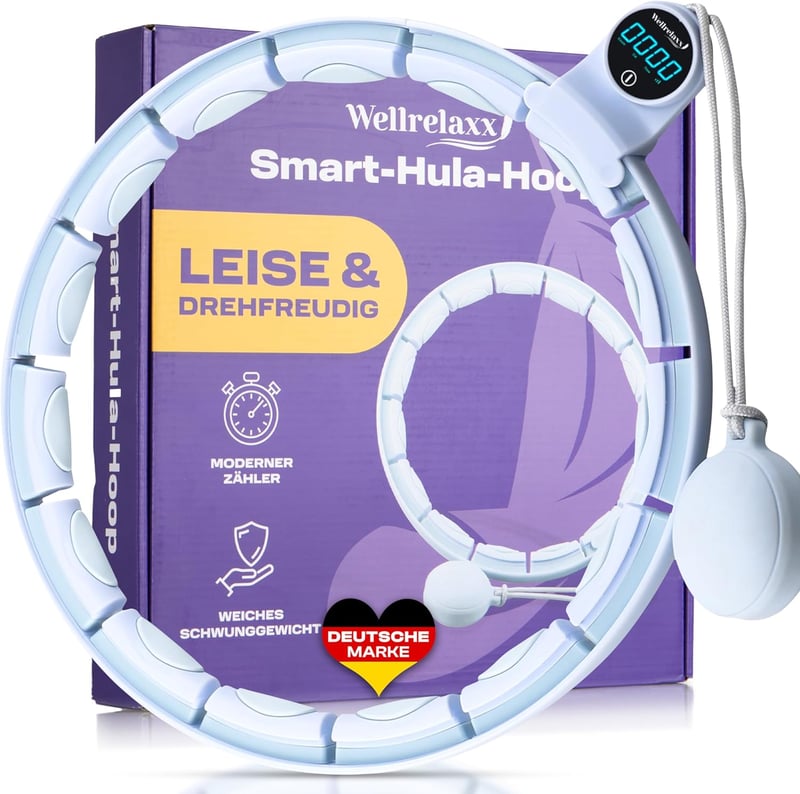 WELLRELAXX Okos Hula Hoop Számláló Funkcióval - Csendes Súlyozott Karika Fogyáshoz és Edzéshez - Állítható Méret 70-110 cm - Világoskék