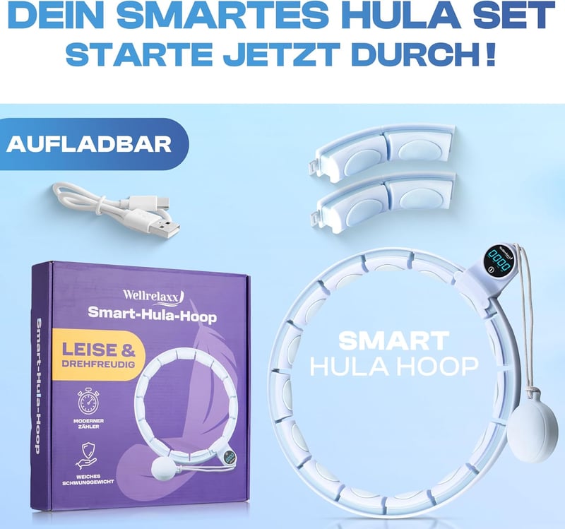 WELLRELAXX Okos Hula Hoop Számláló Funkcióval - Csendes Súlyozott Karika Fogyáshoz és Edzéshez - Állítható Méret 70-110 cm - Világoskék