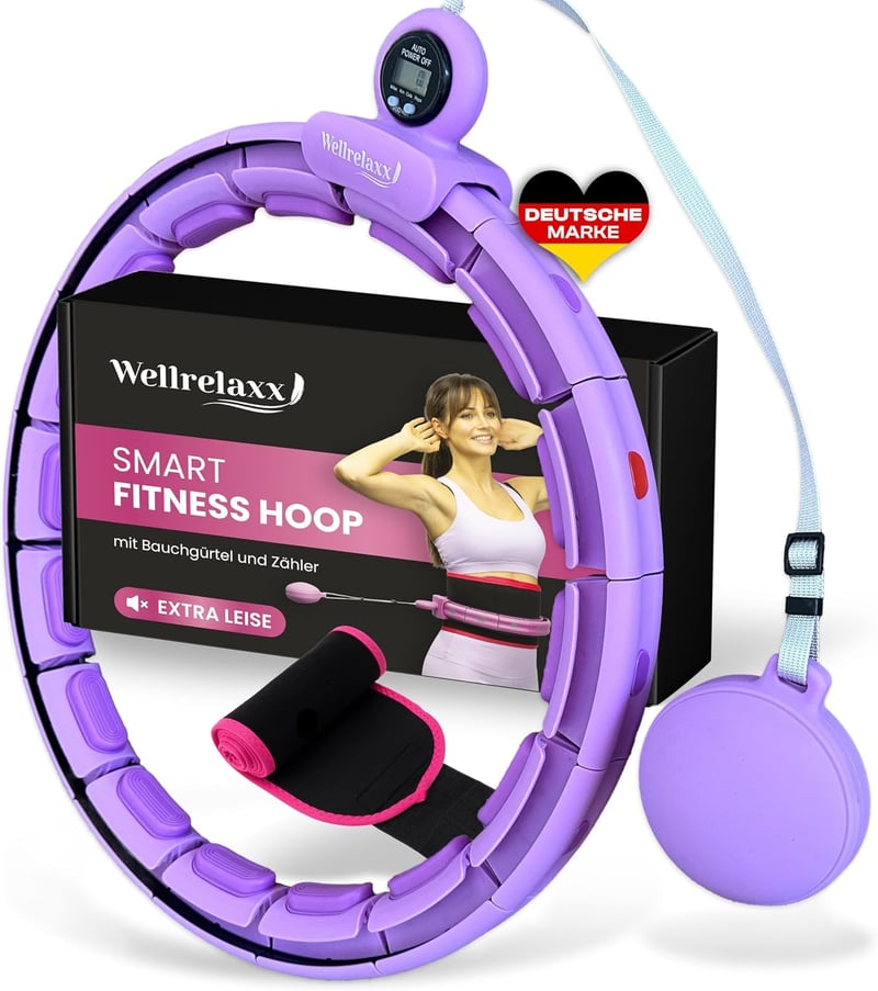 WELLRELAXX Smart Hula Hoop Csendes Súlygolyóval és Számláló Funkcióval - Lila Fogyókúrás Karika Derékszorítóval 70-110 cm