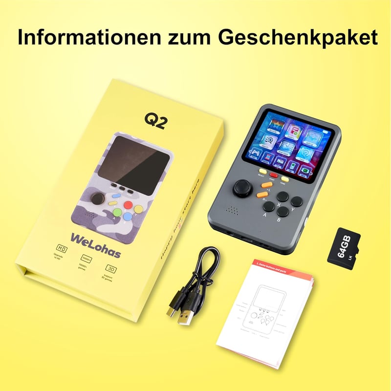 WeLohas Q2 Pro Retro Kézi Játékkonzol, 10000+ Előtelepített Játék, 64GB Memória, 3.0" HD Kijelző, 10 Klasszikus Emulátor, Hordozható Játékgé
