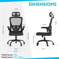 Ergonomická kancelárska stolička WELTOKE so sieťovaným operadlom, nastaviteľnou opierkou hlavy, vyklápacími podrúčkami a bedrovou opierkou, čierna 3
