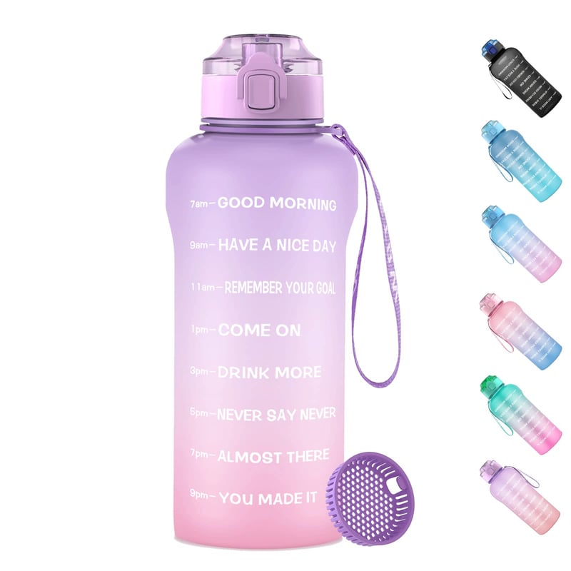 Športová fľaša WEMEET 2 l so sitkom, BPA-free tritanová fľaša na vodu s časovou značkou, nepriepustná, 2000 ml, fialovo-ružová, na kempovanie, tréning