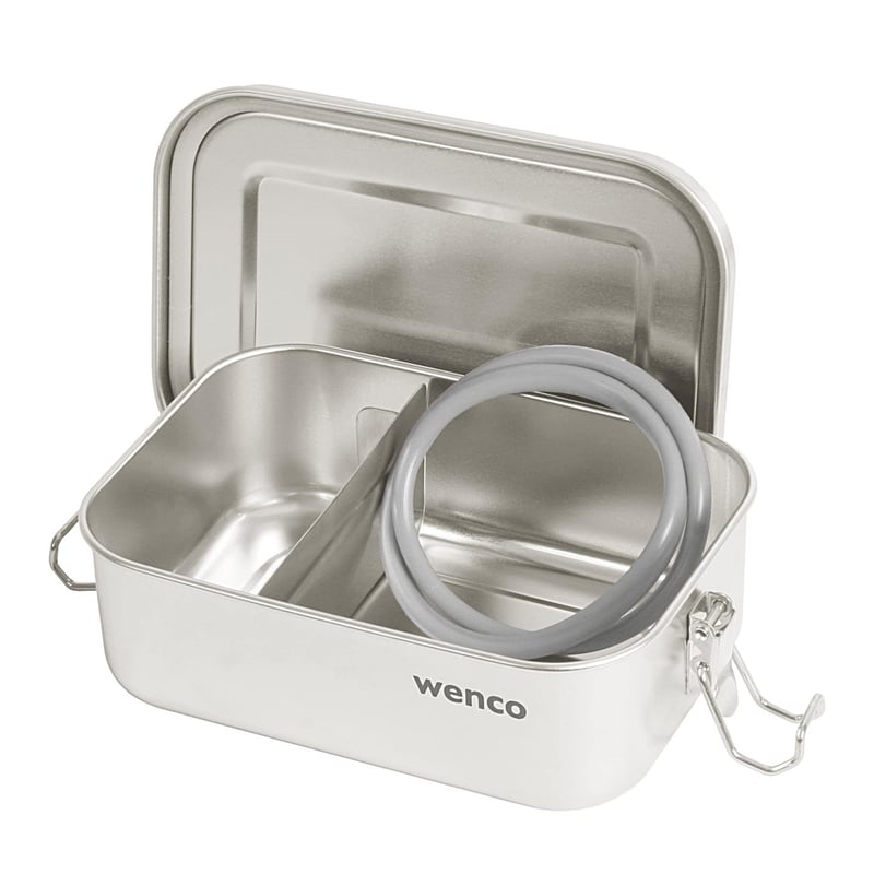 Nerezový obedár wenco s 2 priehradkami, 650 ml, 15x11,3x5 cm, vodotesný, vhodný do umývačky riadu, s náhradným silikónovým tesnením, strieborný