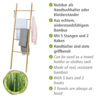 WENKO Bahari Suport pentru prosoape tip scară din bambus, 5 niveluri și 2 cârlige, design scandinav, accesoriu pentru baie, 170 cm, rezistent la umiditate 4