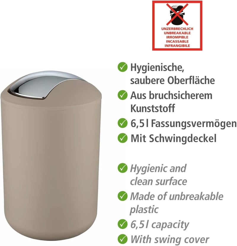 WENKO Brasil Taupe L Lengő Tetejű Szemetes 6,5L Kozmetikai Tárolóedény