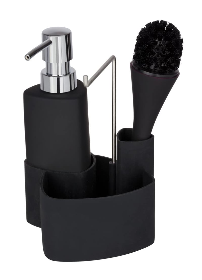 WENKO Empire set za sudoper 4 u 1 – dozator deterdženta, četka za pranje posuđa, držač krpe i organizator, keramika, 250 ml, 11x19x12,5 cm, crna