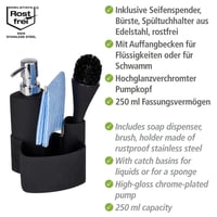 WENKO Empire set za sudoper 4 u 1 – dozator deterdženta, četka za pranje posuđa, držač krpe i organizator, keramika, 250 ml, 11x19x12,5 cm, crna 2