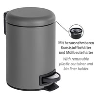 Kozmetický pedálový odpadkový kôš WENKO Léman, 3 litre, s vyberateľnou vnútornou nádobou, s vekom, matná sivá, nehrdzavejúca oceľ, kúpeľňový odpadkový kôš 2