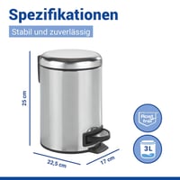 Pedálový kozmetický kôš WENKO Leman – 3 litre, nehrdzavejúca oceľ, lesklá strieborná, s vyberateľnou vnútornou nádobou, s vekom, 22,5x17x25 cm 2