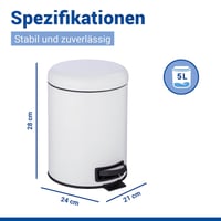 WENKO Leman kozmetikai pedálos szemetes, 5 literes, fehér matt, acél, kivehető belső vödörrel és fedéllel, fürdőszobai hulladékgyűjtő 2