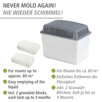 WENKO Odvlhčovač vzduchu s 2 x 1 kg granulátu, pohlcovač vlhkosti do miestnosti, kapacita 1,4 litra, opakovane plniteľný, proti plesniam a zápachu, 24x16x15 cm, bielo-sivý 4