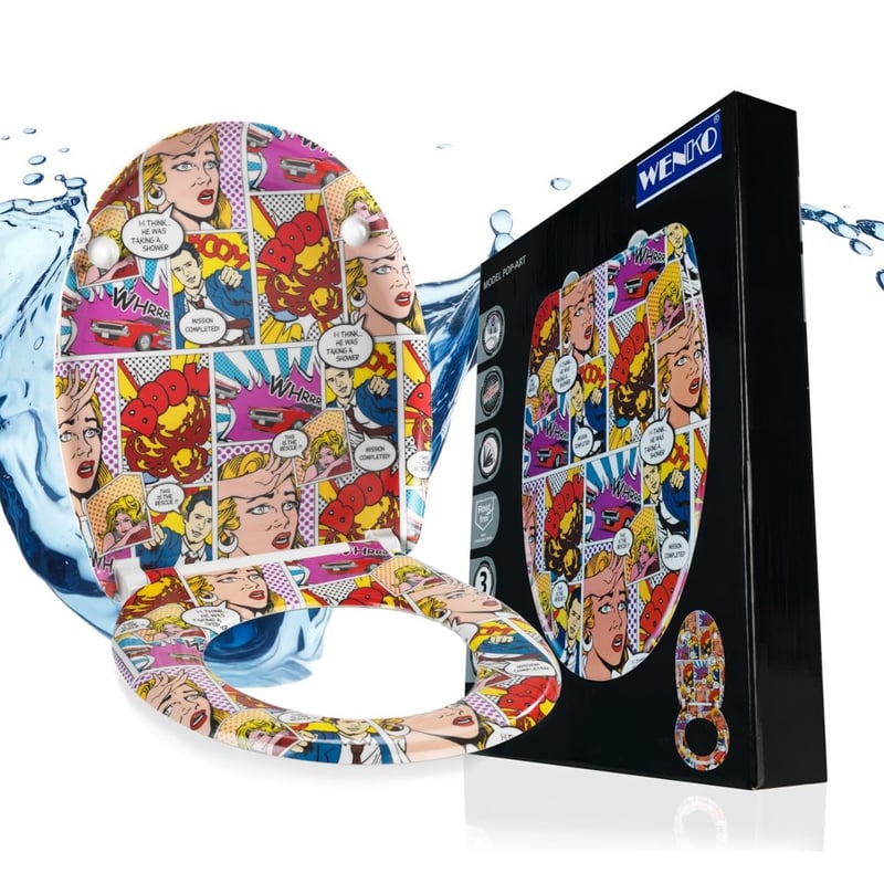 Colac WC WENKO Pop-Art cu închidere lentă, din Duroplast antibacterian, oval, detașabil, capacitate portantă 200 kg