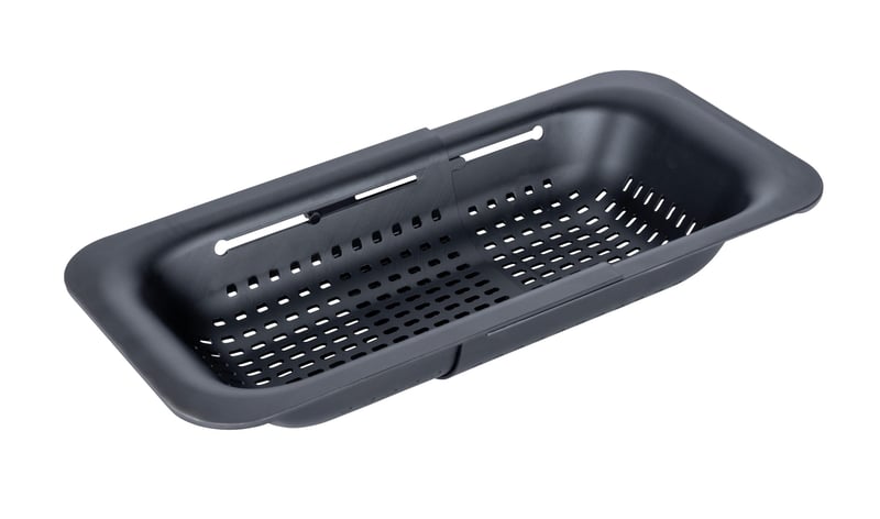 WENKO Siva 55012100 strecurătoare extensibilă pentru chiuvetă, pentru spălat fructe și legume, sită pentru paste, 37-50 x 7 x 20 cm, negru