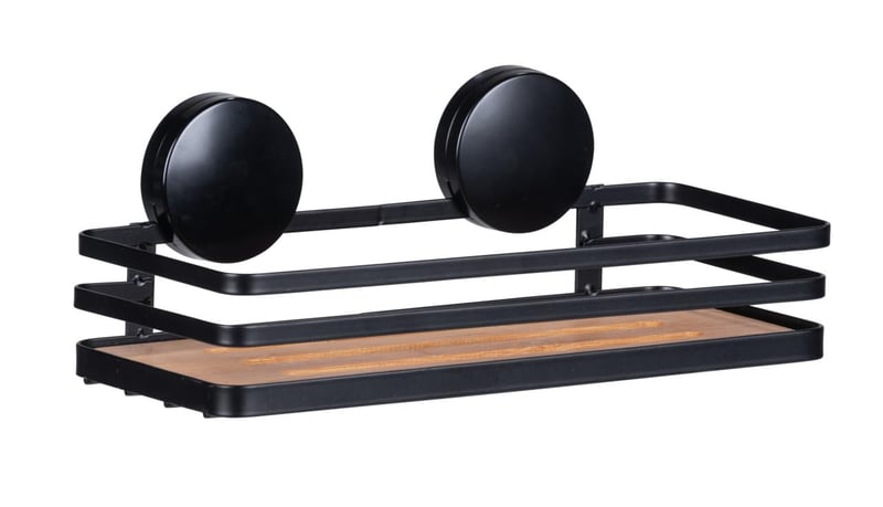 Etajeră de perete pentru baie WENKO Static Loc Plus, oțel vopsit și bambus, fără găurire, negru/natural, 26,5 x 12,5 x 11 cm