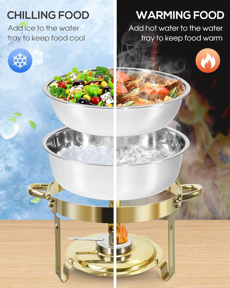 WENMILY 5L Rozsdamentes Chafing Dish Buffet Készlet 2db Arany-Ezüst Ételmelegítő