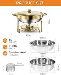 WENMILY 5L Rozsdamentes Chafing Dish Buffet Készlet 2db Arany-Ezüst Ételmelegítő 2