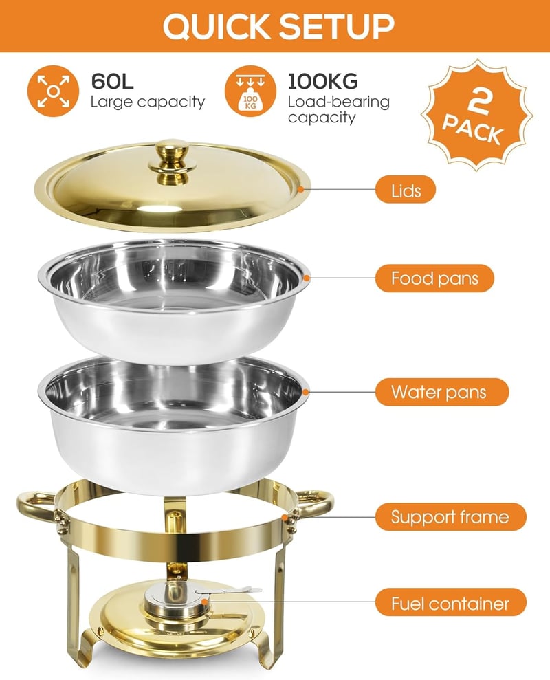 WENMILY 5L Rozsdamentes Chafing Dish Buffet Készlet 2db Arany-Ezüst Ételmelegítő