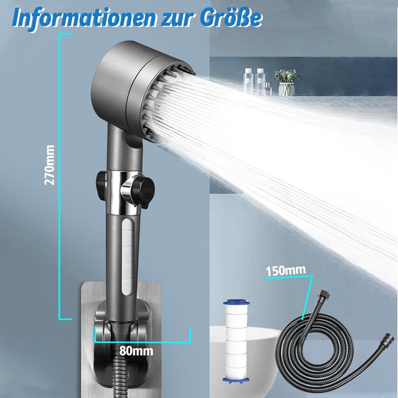 Wenosda Víztakarékos Masszázs Zuhanyfej 4 Üzemmóddal, 1,5m Tömlővel és 2 Szűrővel, Szürke Kézi Zuhany