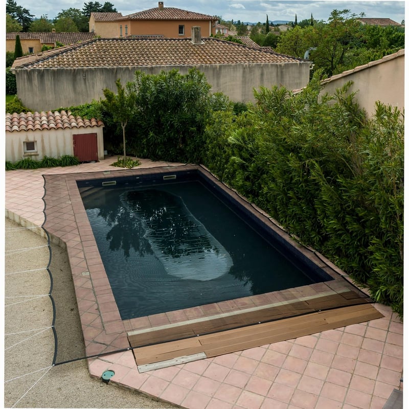 Plasă de protecție pentru piscină WERKA PRO, 100 g/m², 5x9 m, gri, polietilenă cu tratament anti-UV, cu ochiuri din aluminiu, dimensiune ochiuri 4x6 mm