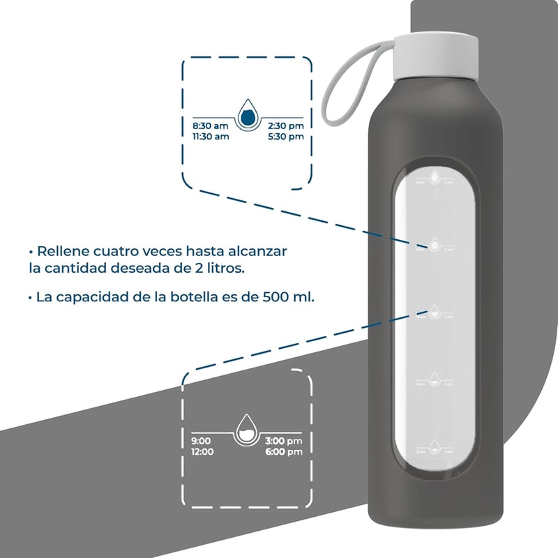 Wessper 500ml Motivációs Vizes Palack Hidratációs Skálával, Boroszilikát Üveg, Szilikon Tok, BPA Mentes - Grey